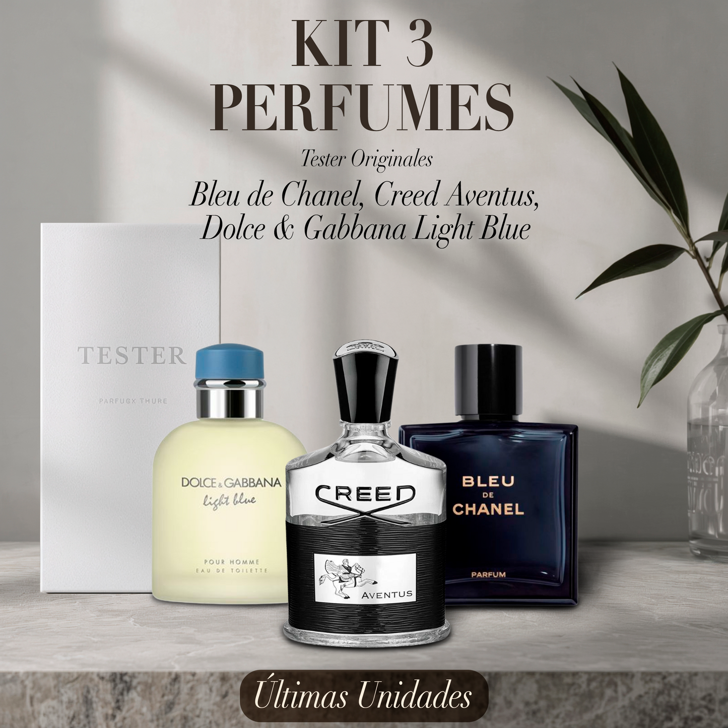 Paquete de 3 perfumes: Bleu de Chanel, Creed Aventus, Dolce & Gabbana Light Blue (Eau de Parfum) – Tester Original 100ml