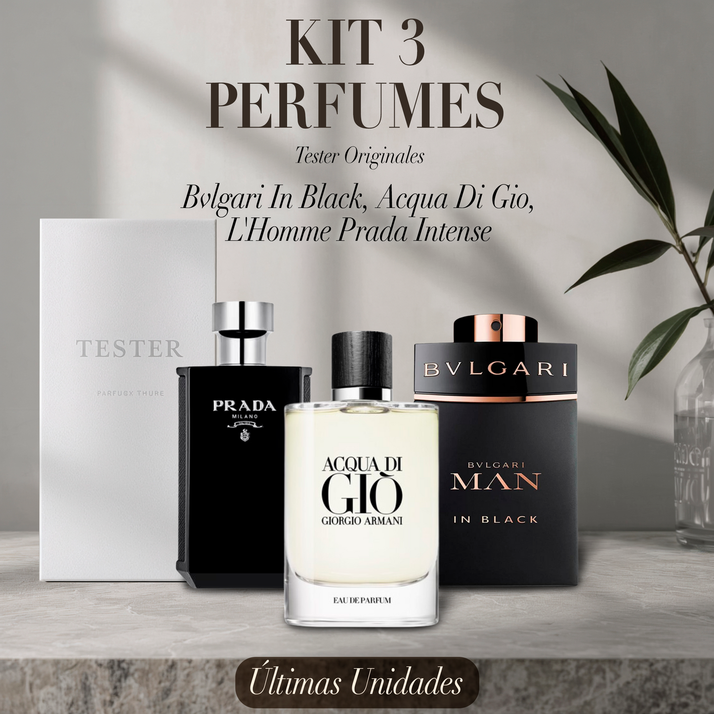 Paquete de 3 perfumes: Bvlgari In Black, Giorgio Armani Acqua Di Gio, L'Homme Prada Intense (Eau de Parfum) – Tester Original 100ml