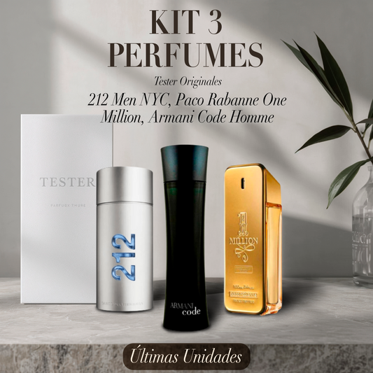 Paquete de 3 perfumes: 212 Men NYC, Paco Rabanne One Million, Armani Code Homme (Eau de Parfum) – Tester Original 100ml