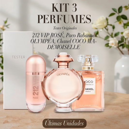 Paquete de 3 perfumes: Carolina Herrera 212 VIP ROSÉ, Paco Rabanne OLYMPÉA, Chanel COCO MADEMOISELLE (Eau de Parfum) – Tester Original 100ml
