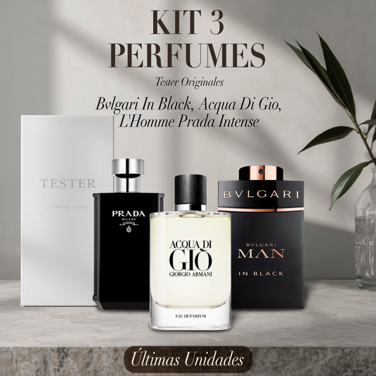 Paquete de 3 perfumes: Bvlgari In Black, Giorgio Armani Acqua Di Gio, L'Homme Prada Intense (Eau de Parfum) – Tester Original 100ml
