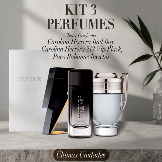 Paquete de 3 perfumes:  Carolina Herrera BAD BOY, Carolina Herrera 212 VIP BLACK, Paco Rabanne INVICTUS (Eau de Parfum) – Tester Original 100ml