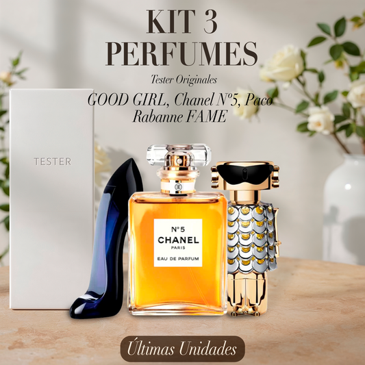Paquete de 3 perfumes: Carolina Herrera GOOD GIRL, Chanel Nº5, Paco Rabanne FAME (Eau de Parfum) – Tester Original 100ml