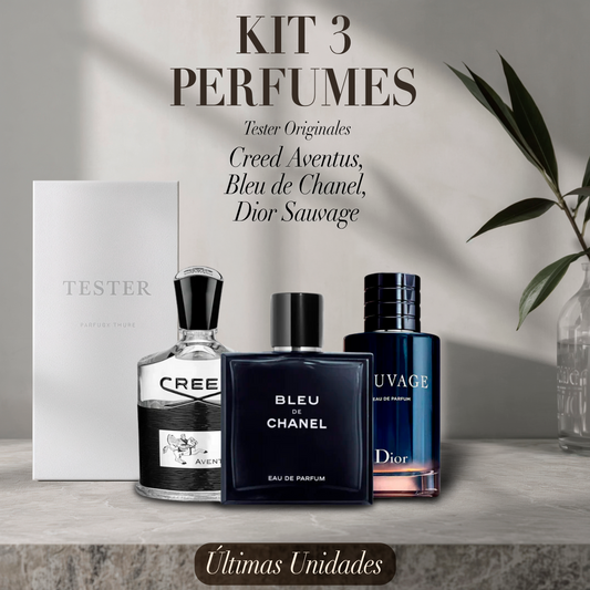 Paquete de 3 perfumes: Creed Aventus, Bleu de Chanel e Dior Sauvage – Tester Original 100ml