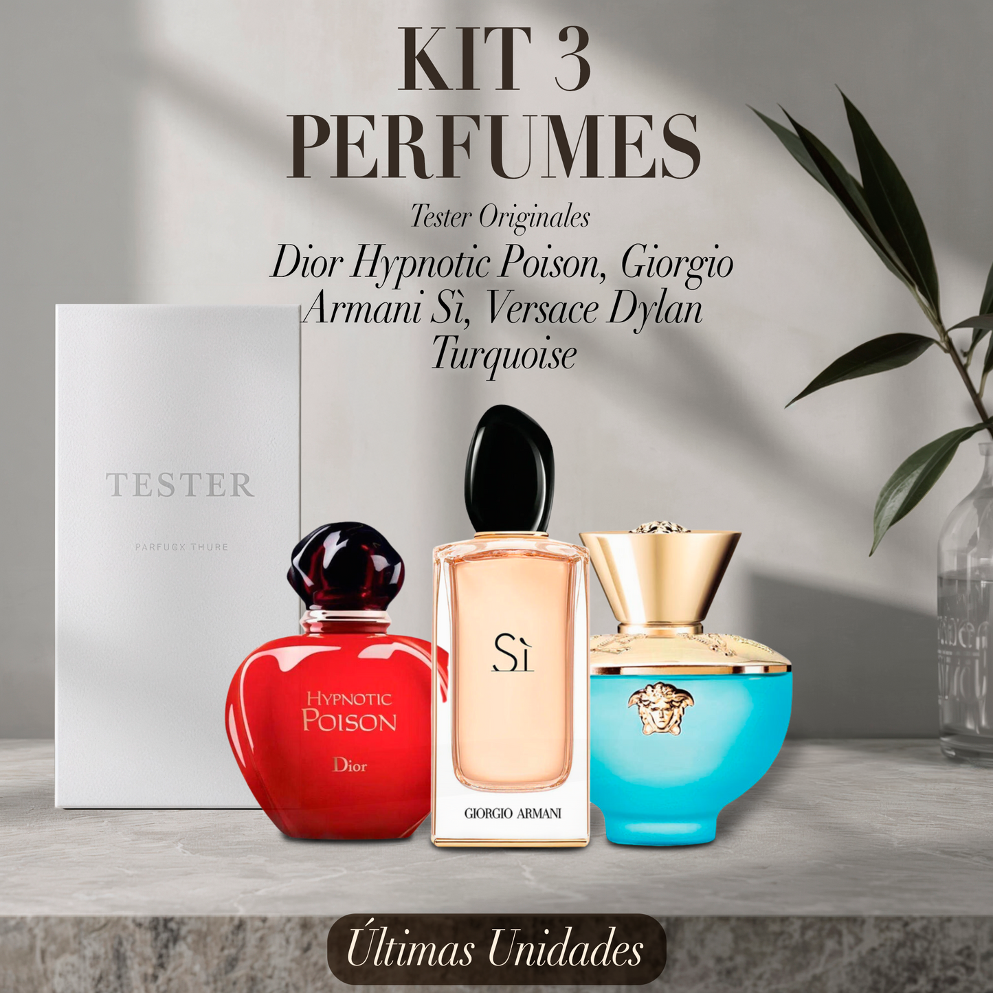 Paquete de 3 perfumes: Dior HYPNOTIC POISON, Giorgio Armani SÌ, Versace DYLAN TURQUOISE (Eau de Parfum) – Tester Original 100ml