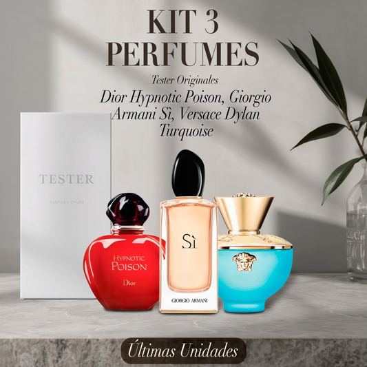 Paquete de 3 perfumes: Dior HYPNOTIC POISON, Giorgio Armani SÌ, Versace DYLAN TURQUOISE (Eau de Parfum) – Tester Original 100ml
