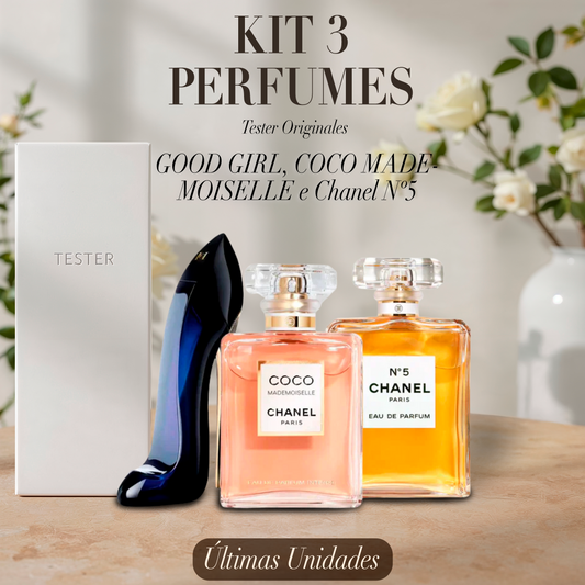 Paquete de 3 perfumes: GOOD GIRL, COCO MADEMOISELLE e Chanel Nº5 (Eau de Parfum) – Tester Original 100ml