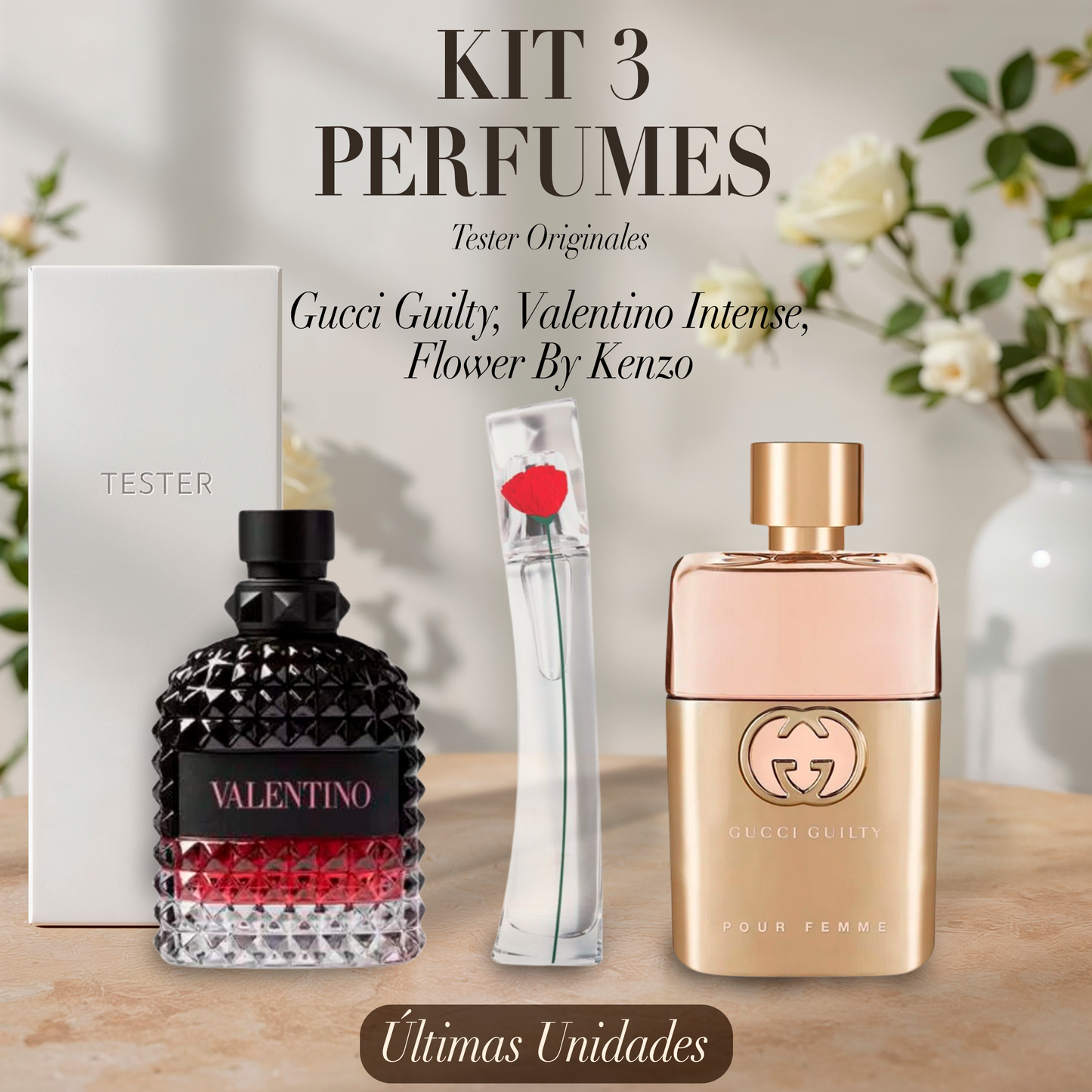Paquete de 3 perfumes: Gucci Guilty, Valentino Intense, Flower By Kenzo (Eau de Parfum) – Tester Original 100ml