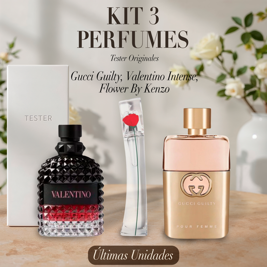 Paquete de 3 perfumes: Gucci Guilty, Valentino Intense, Flower By Kenzo (Eau de Parfum) – Tester Original 100ml