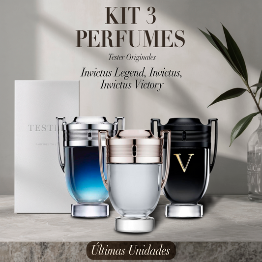 Paquete de 3 perfumes: Paco Rabanne INVICTUS LEGEND, Paco Rabanne INVICTUS, Paco Rabanne INVICTUS VICTORY (Eau de Parfum) – Tester Original 100ml