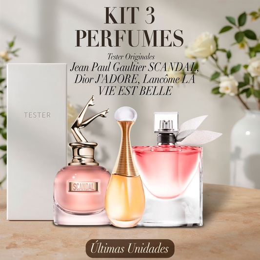 Paquete de 3 perfumes: Jean Paul Gaultier SCANDAL, Dior J'ADORE, Lancôme LA VIE EST BELLE (Eau de Parfum) – Tester Original 100ml