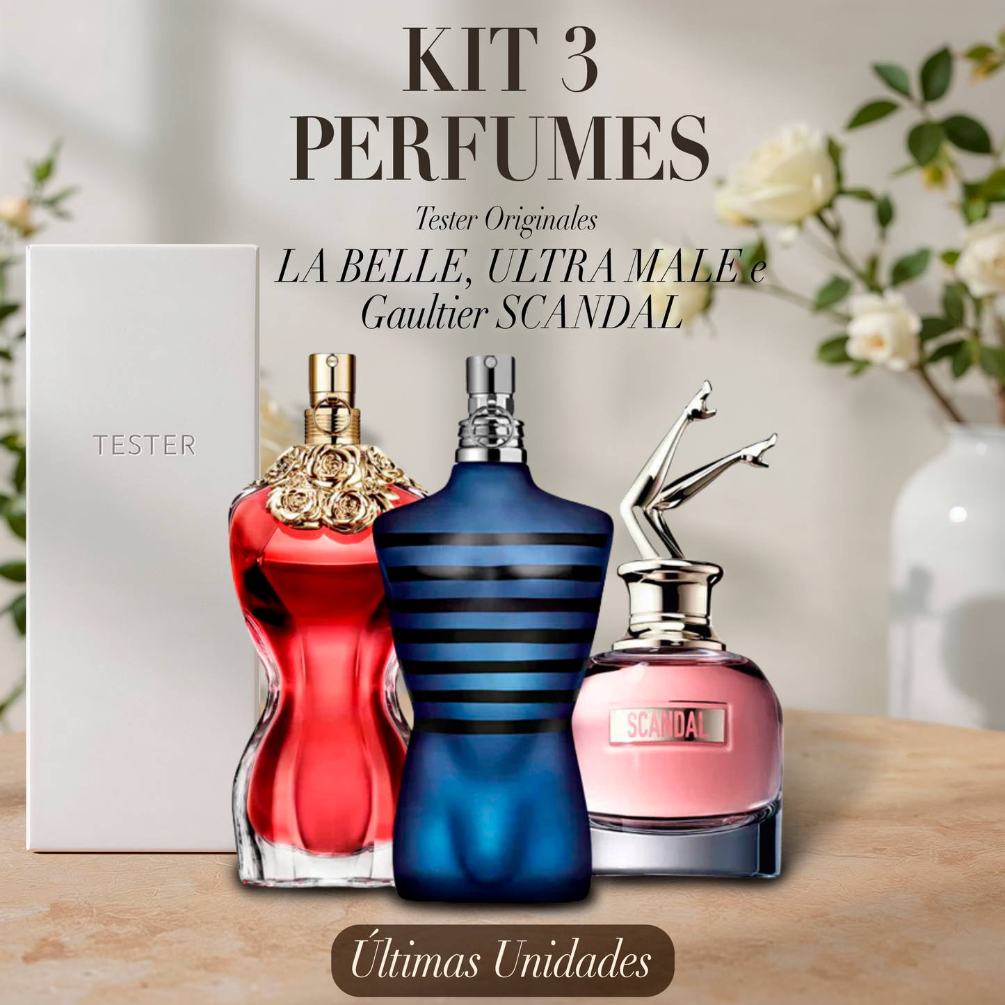 Paquete de 3 perfumes:  LA BELLE, ULTRA MALE e Gaultier SCANDAL (Eau de Parfum) – Tester Original 100ml