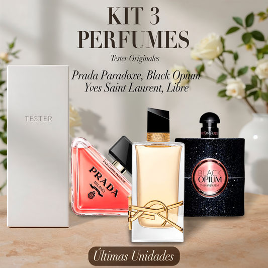 Paquete de 3 perfumes: Prada Paradoxe, Black Opium Yves Saint Laurent, Libre (Eau de Parfum) – Tester Original 100ml