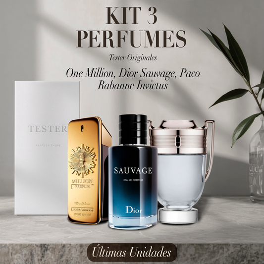 Paquete de 3 perfumes: Paco Rabanne ONE MILLION, Dior SAUVAGE, Paco Rabanne INVICTUS (Eau de Parfum) – Tester Original 100ml