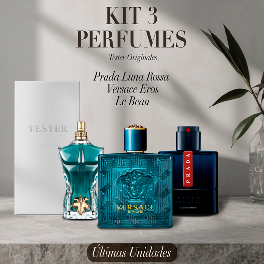 Paquete de 3 perfumes: Prada Luna Rossa, Versace Eros, Le Beau (Eau de Parfum) – Tester Original 100ml