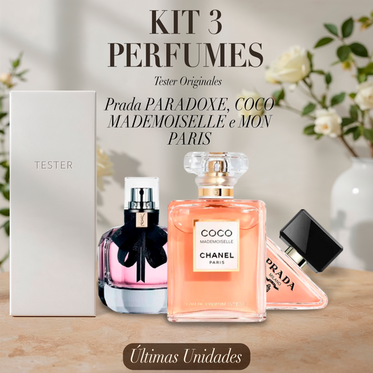Paquete de 3 perfumes: Prada PARADOXE, COCO MADEMOISELLE e MON PARIS - Tester Original 100ml