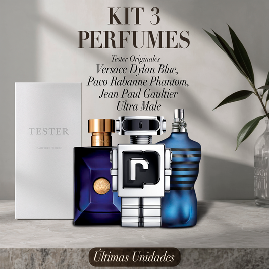 Paquete de 3 perfumes: GVersace Dylan Blue, Paco Rabanne Phantom, Jean Paul Gaultier Ultra Male (Eau de Parfum) – Tester Original 100ml